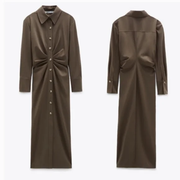 zara draped shirt dress DRAPED MIDI DRESS - Sand